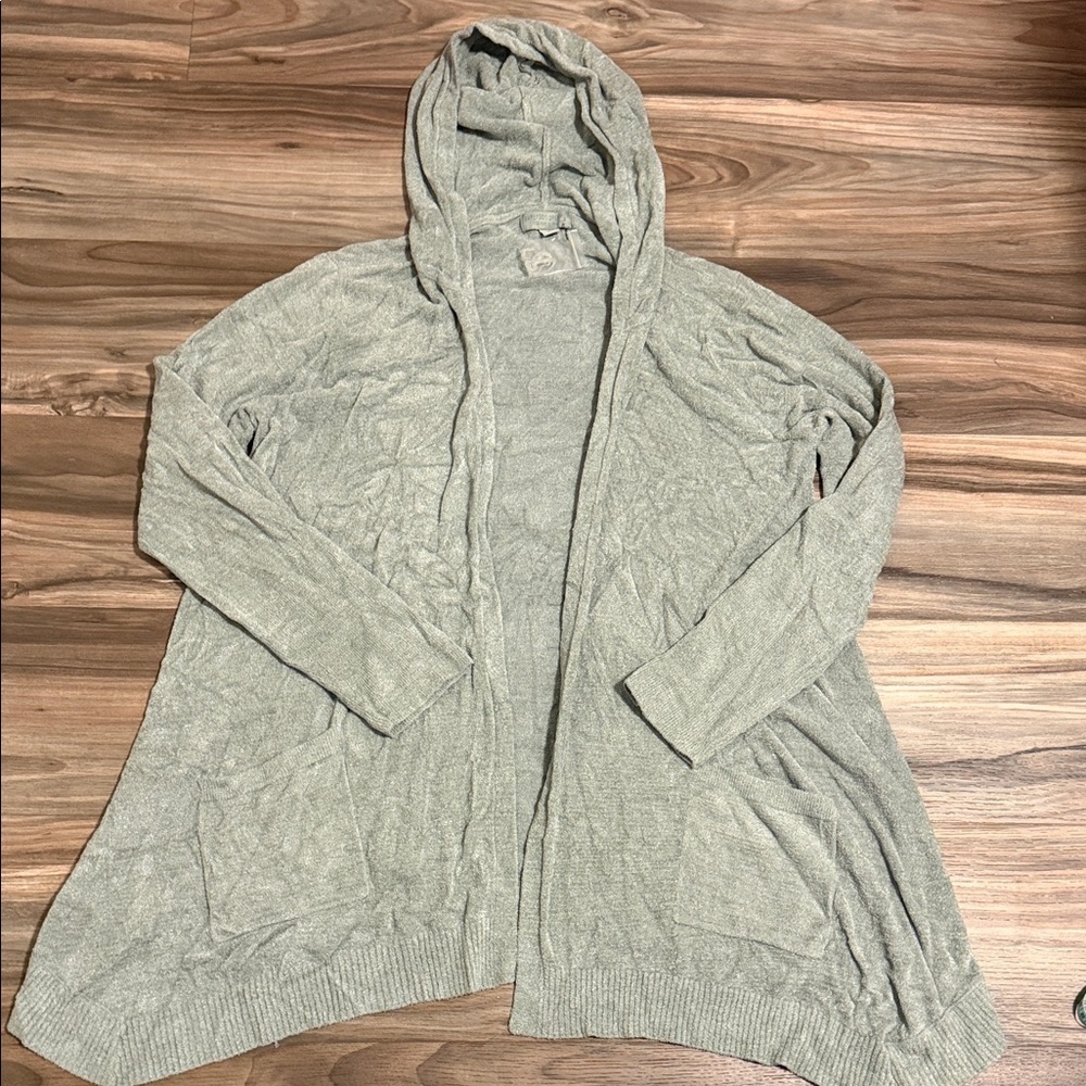 Barefoot Dreams Cardigan Sz. L CozyChic Ultra Lite Hooded Seashore Beach Glass